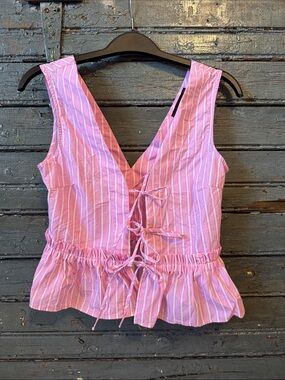 Zara Pink & White Striped Tie-Front Peplum Tank